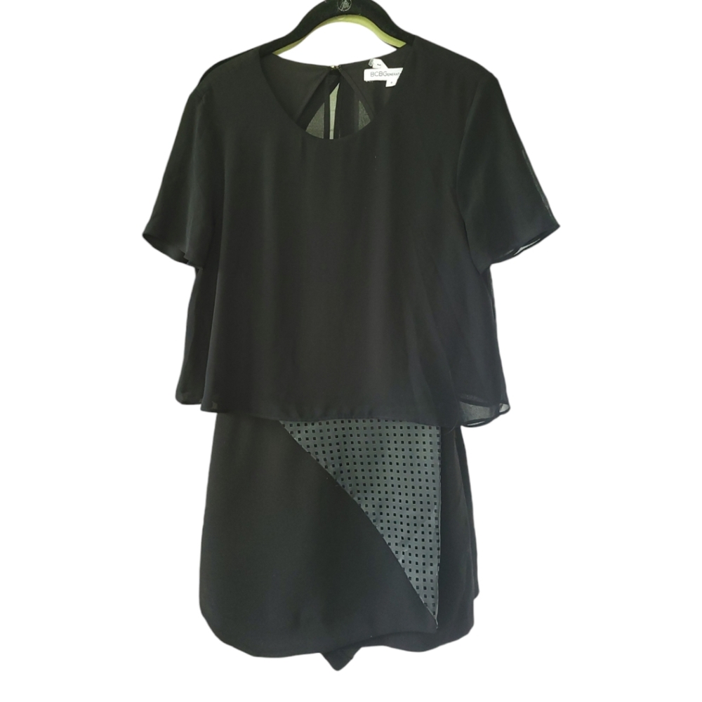 BCBGENERATION Sz 8 Mini Romper Skort Layered Open Back‎ Sheer Black Grunge